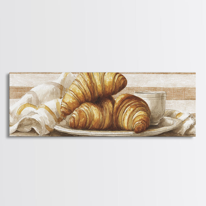 Buttery Croissants Stacked on Striped Linen Framed Canvas Print, Bakery Art, Dining Room Art, Bakery Decor, Abstract Art, BAK-3x1-17