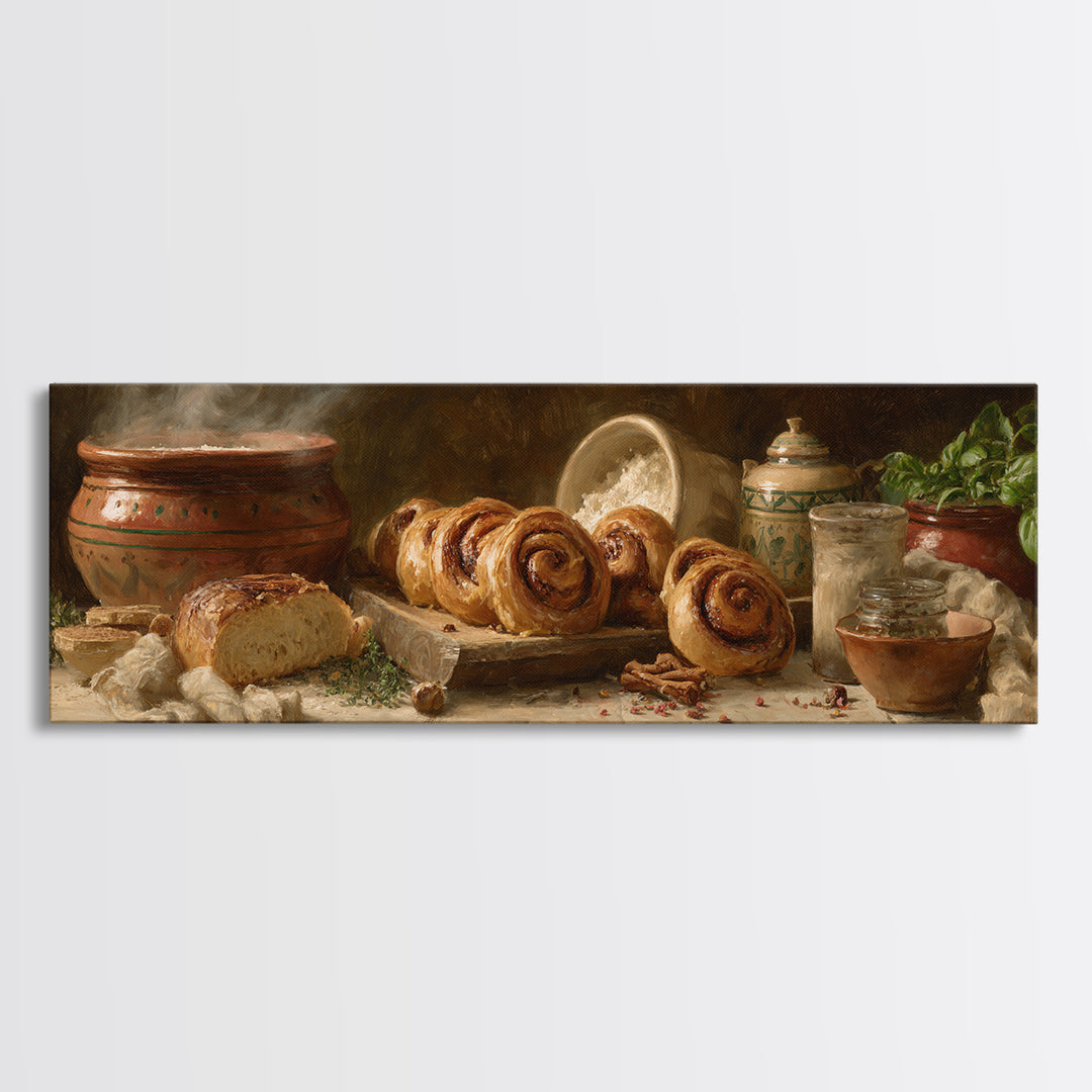 Cinnamon Rolls in a Warm Country Kitchen Framed Canvas Print, Bakery Art, Textured Painting, Bakery Decor, Fine Art, Patisserie, BAK-3x1-27