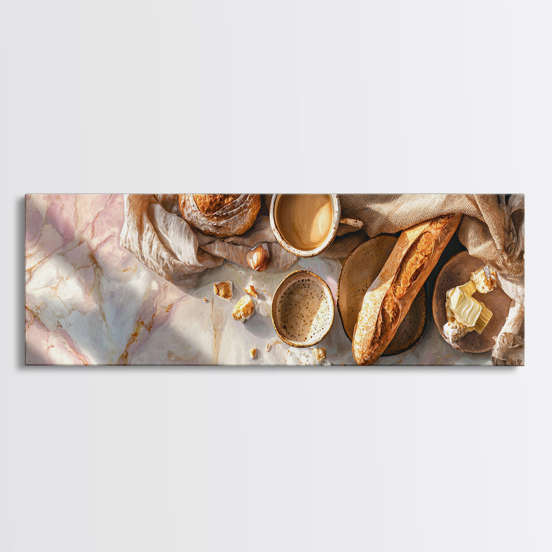 Baguette and Butter Still Life on Marble Canvas Print, Bakery Art, Textured Painting, Bakery Decor, Fine Art, Patisserie, BAK-3x1-48