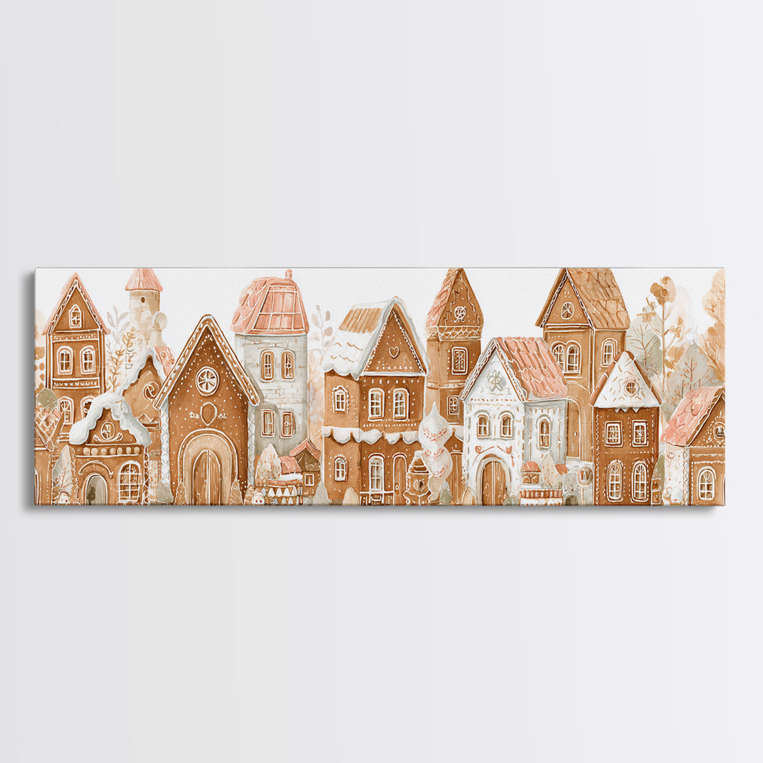 Gingerbread Houses in Charming Folk Art Style Canvas Print, Bakery Art, Kids Art, Bakery Decor, Fine Art, Patisserie, BAK-3x1-54
