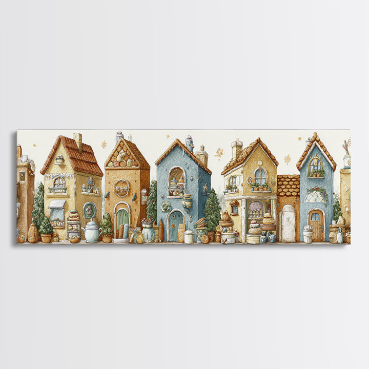 Gingerbread Houses in Charming Folk Art Style Canvas Print, Bakery Art, Whimsical Wall Art, Bakery Decor, Fine Art, Patisserie, BAK-3x1-6