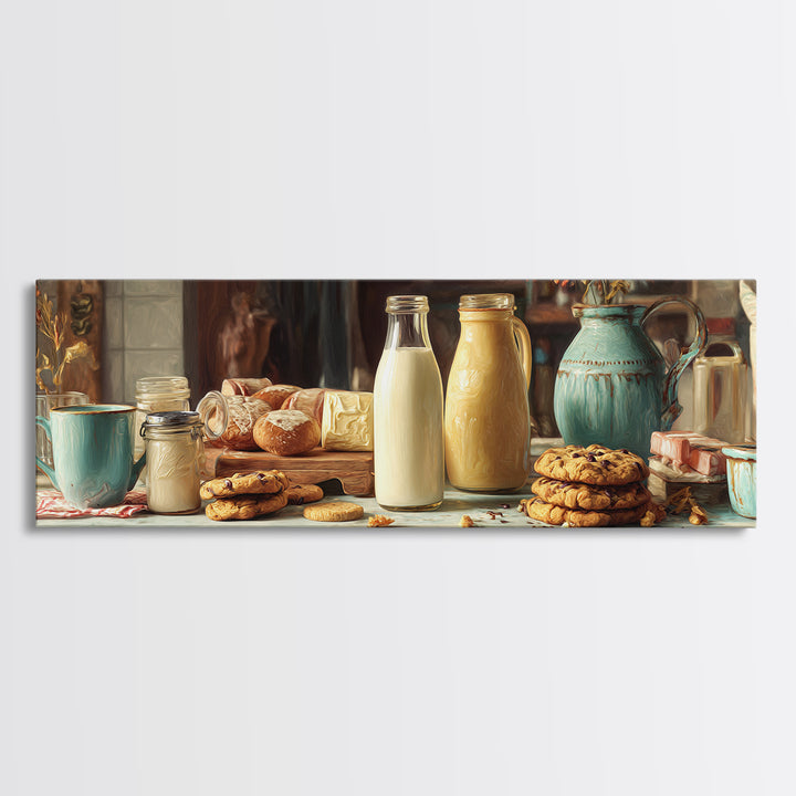 Milk Bottle and Cookies Nostalgic Still Life Canvas Print, Bakery Art, Boho Decor, Bakery Decor, Oil Painting, Patisserie, BAK-3x1-62