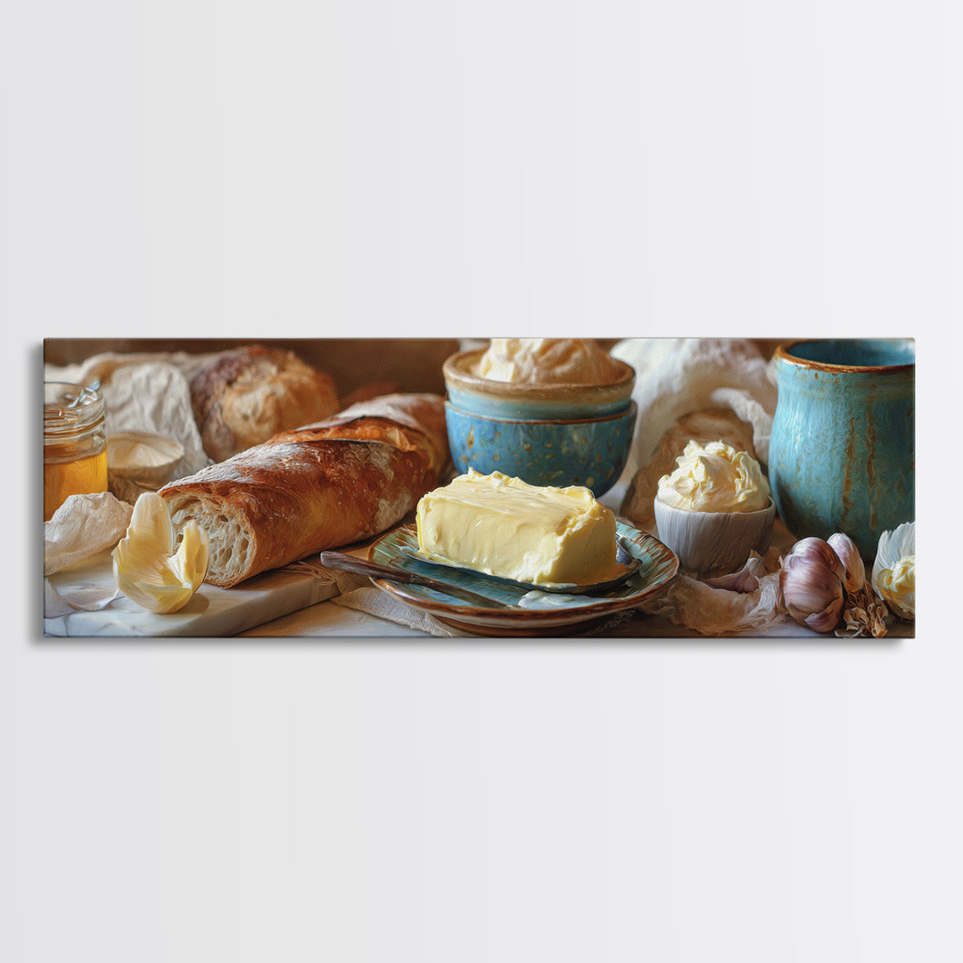 Baguette and Butter Still Life on Marble Framed Canvas Print, Bakery Art, Wall Decor, Bakery Decor, Fine Art, Patisserie, BAK-3x1-72