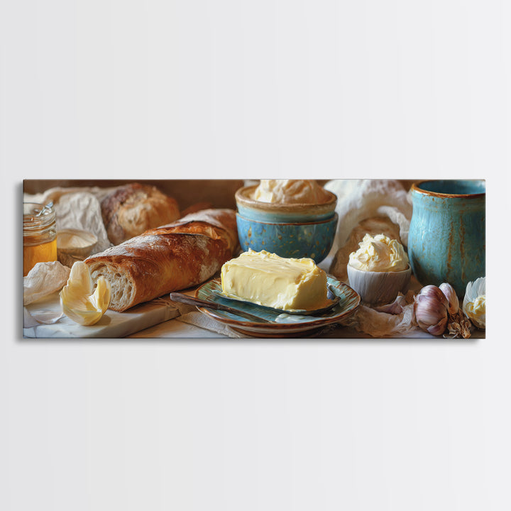 Baguette and Butter Still Life on Marble Framed Canvas Print, Bakery Art, Wall Decor, Bakery Decor, Fine Art, Patisserie, BAK-3x1-72