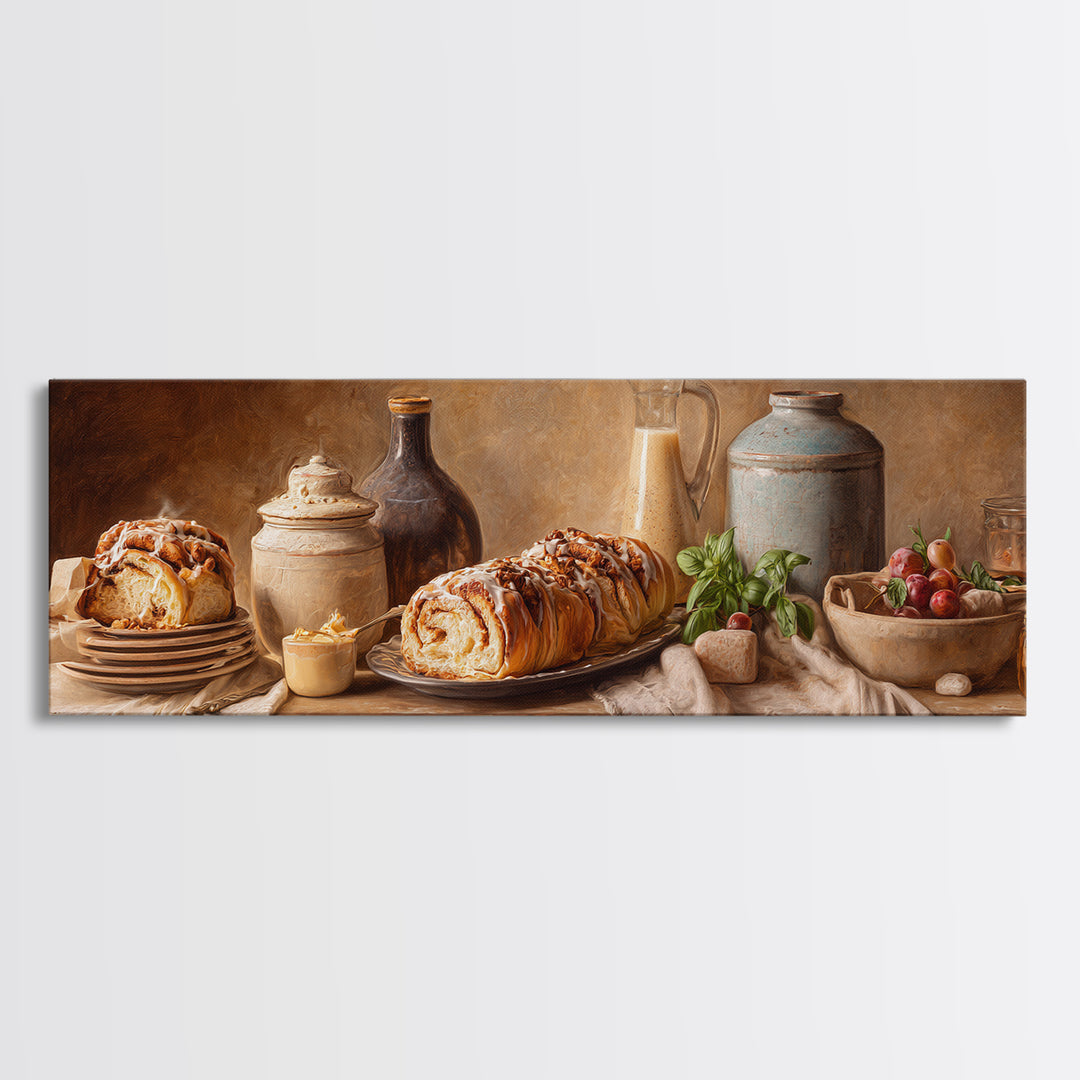 Cinnamon Rolls in a Warm Country Kitchen Canvas Print, Bakery Art, Watercolor Art, Bakery Decor, Fine Art, Patisserie, BAK-3x1-75