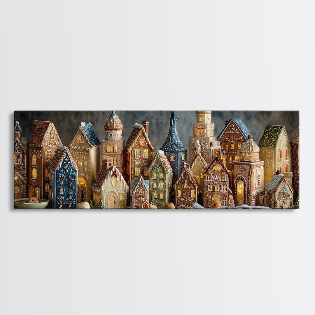 Gingerbread Houses in Charming Folk Art Style Canvas Print, Bakery Art, Digital Print, Bakery Decor, Fine Art, Patisserie, BAK-3x1-78