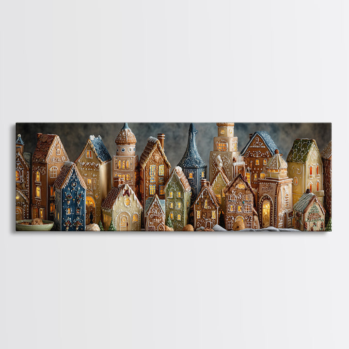 Gingerbread Houses in Charming Folk Art Style Canvas Print, Bakery Art, Digital Print, Bakery Decor, Fine Art, Patisserie, BAK-3x1-78