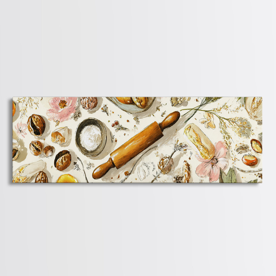 Patisserie Pattern of Rolling Pins and Pastries Canvas Print, Bakery Art, Bakery, Bakery Decor, Oil Painting, Patisserie, BAK-3x1-85