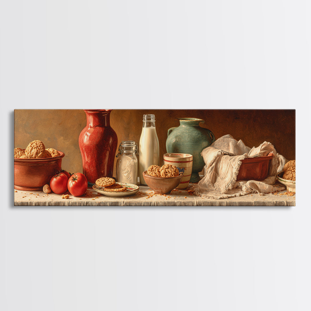 Milk Bottle and Cookies Nostalgic Still Life Canvas Print, Bakery Art, Food Art, Bakery Decor, Watercolor Art, Patisserie, BAK-3x1-86