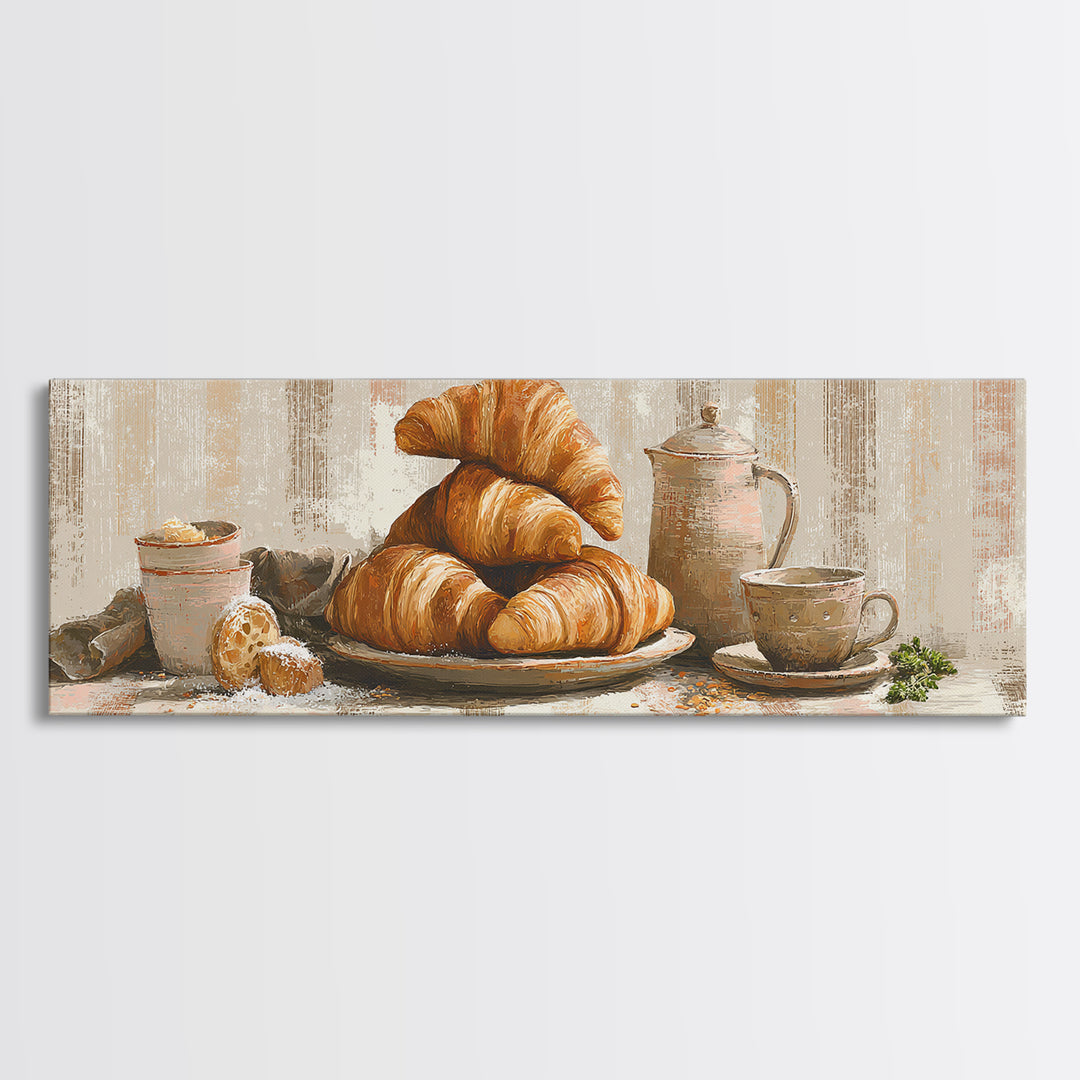 Buttery Croissants Stacked on Striped Linen Framed Canvas Print, Bakery Art, Boho Decor, Bakery Decor, Fine Art, Patisserie, BAK-3x1-89