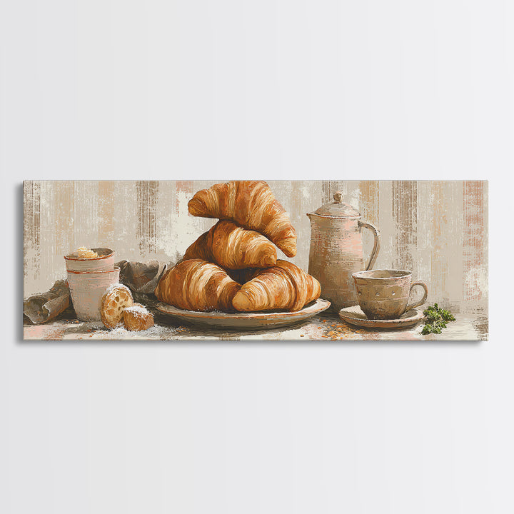 Buttery Croissants Stacked on Striped Linen Framed Canvas Print, Bakery Art, Boho Decor, Bakery Decor, Fine Art, Patisserie, BAK-3x1-89