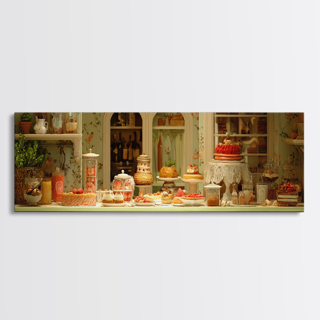 French Patisserie Window Display of Pastel Pastries Canvas Print, Bakery Art, Whimsical Wall Art, Bakery Decor, Patisserie, BAK-3x1-90