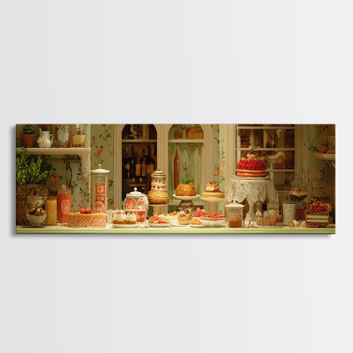 French Patisserie Window Display of Pastel Pastries Canvas Print, Bakery Art, Whimsical Wall Art, Bakery Decor, Patisserie, BAK-3x1-90