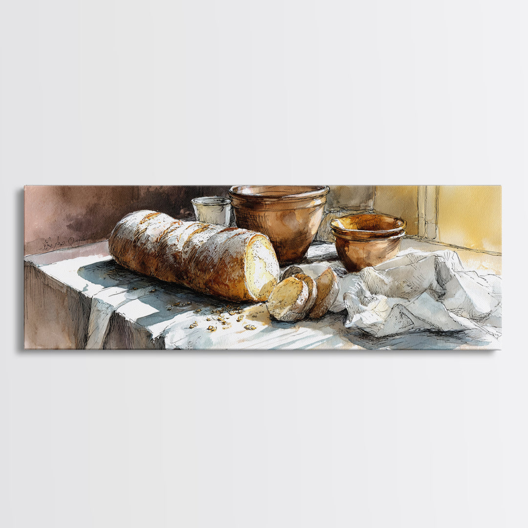 Rustic Loaf of Bread Canvas Print, Bakery Art, Kitchen Wall Art, Bakery Decor, Oil Painting, Patisserie, Digital Download Art, BAK-3x1-92