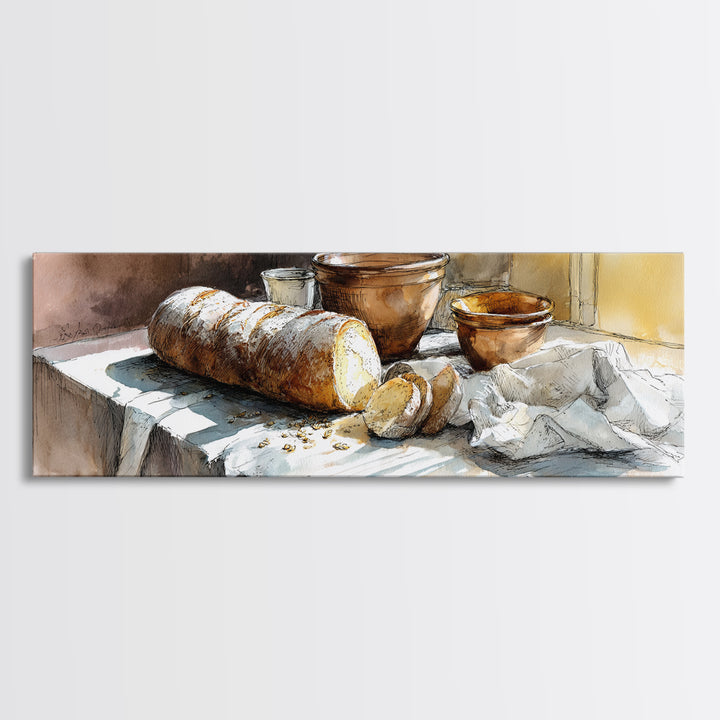 Rustic Loaf of Bread Canvas Print, Bakery Art, Kitchen Wall Art, Bakery Decor, Oil Painting, Patisserie, Digital Download Art, BAK-3x1-92