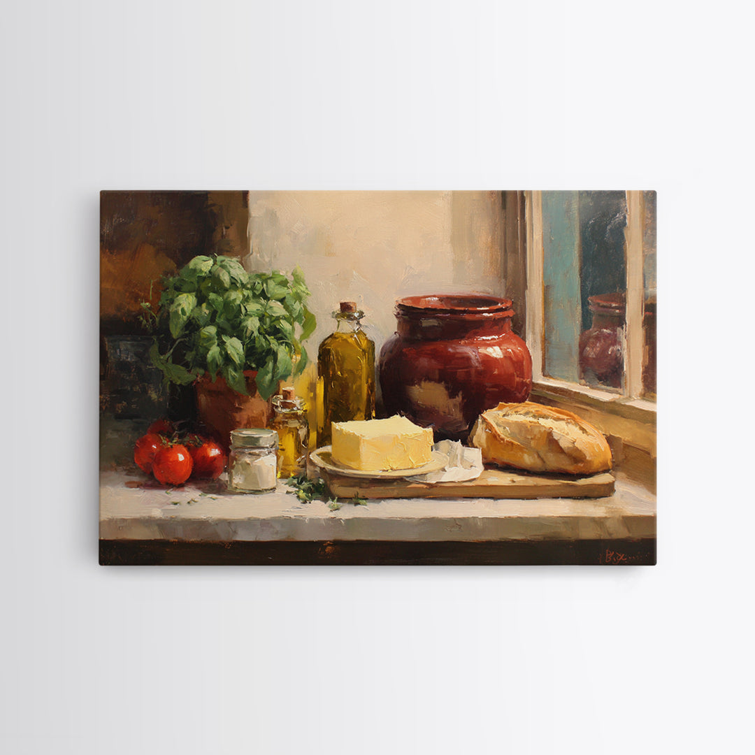 Baguette and Butter Still Life on Marble Canvas Print, Bakery Art, Neutral Wall Art, Bakery Decor, Fine Art, Patisserie, BAK-3x2-12