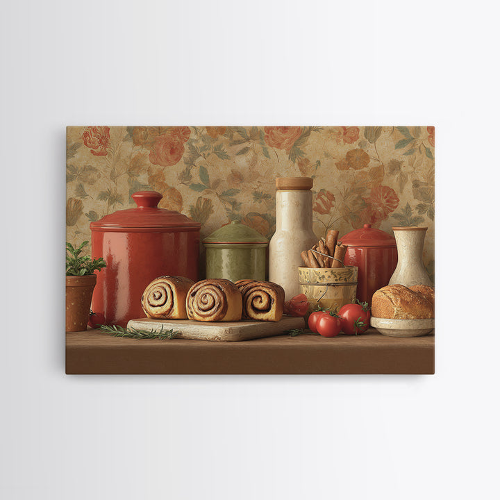 Cinnamon Rolls in a Warm Country Kitchen Framed Canvas Print, Bakery Art, Digital Download Art, Bakery Decor, Patisserie, BAK-3x2-15