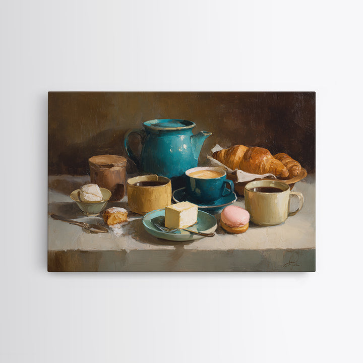 Painterly Eclair and Coffee Still Life Canvas Print, Bakery Art, Aesthetic Wall Art, Bakery Decor, Watercolor Art, Patisserie, BAK-3x2-16