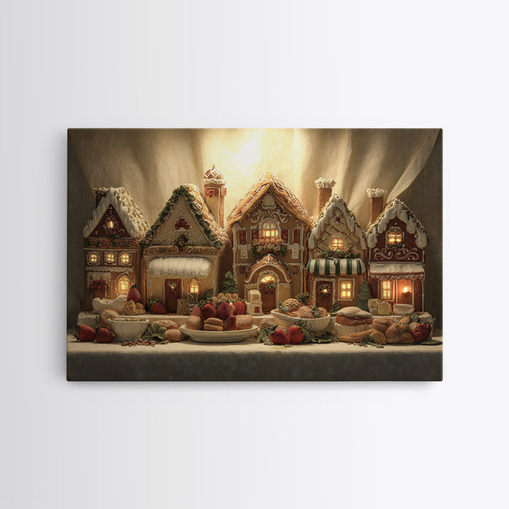 Gingerbread Houses in Charming Folk Art Style Framed Canvas Print, Bakery Art, Watercolor Art, Bakery Decor, Patisserie, BAK-3x2-18