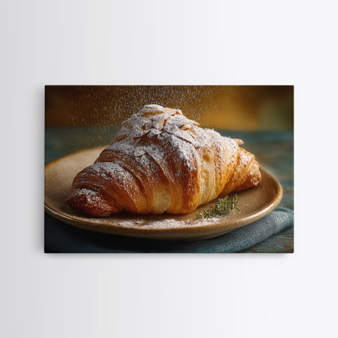 Almond Croissant Closeup Framed Canvas Print, Bakery Art, Statement Artwork, Bakery Decor, Fine Art, Patisserie, Art Print, BAK-3x2-19