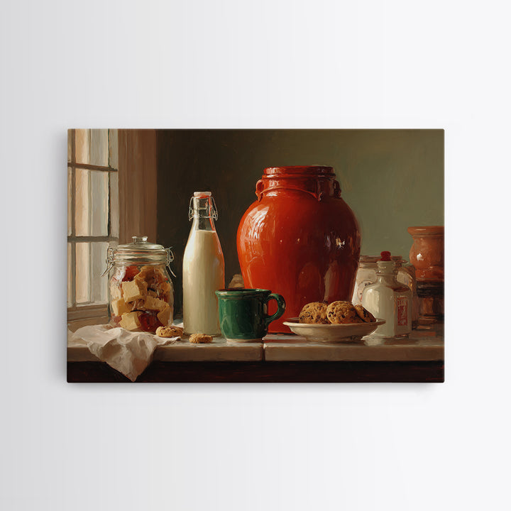 Milk Bottle and Cookies Nostalgic Still Life Framed Canvas Print, Bakery Art, Kitchen Art, Bakery Decor, Fine Art, Patisserie, BAK-3x2-2