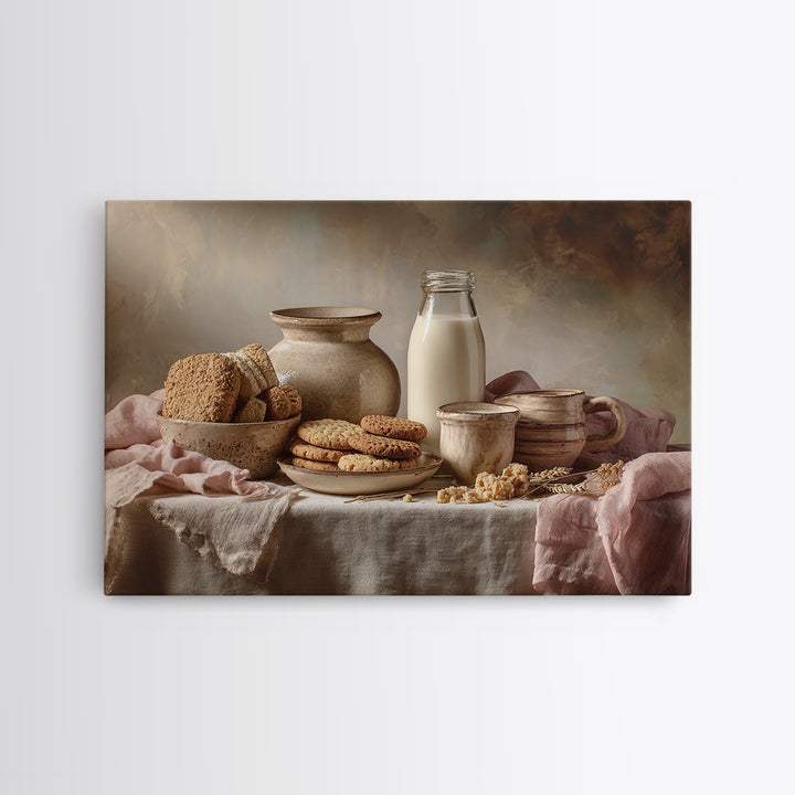 Milk Bottle and Cookies Nostalgic Still Life Canvas Print, Bakery Art, Food Art, Bakery Decor, Watercolor Art, Patisserie, BAK-3x2-26