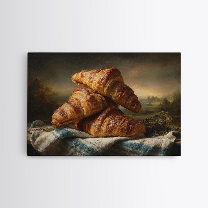 Buttery Croissants Stacked on Striped Linen Canvas Print, Bakery Art, Modern Decor, Bakery Decor, Abstract Art, Patisserie, BAK-3x2-29