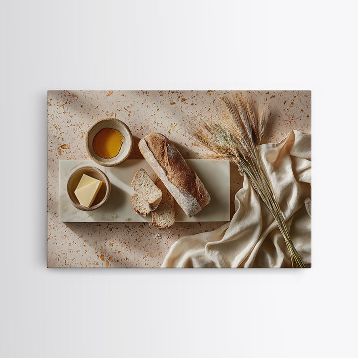 Baguette and Butter Still Life on Marble Framed Canvas Print, Bakery Art, Kids Art, Bakery Decor, Fine Art, Patisserie, BAK-3x2-36