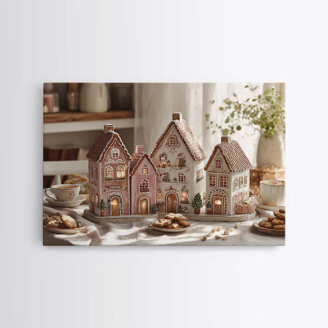 Gingerbread Houses in Charming Folk Art Style Canvas Print, Bakery Art, Digital Download Art, Bakery Decor, Patisserie, BAK-3x2-42