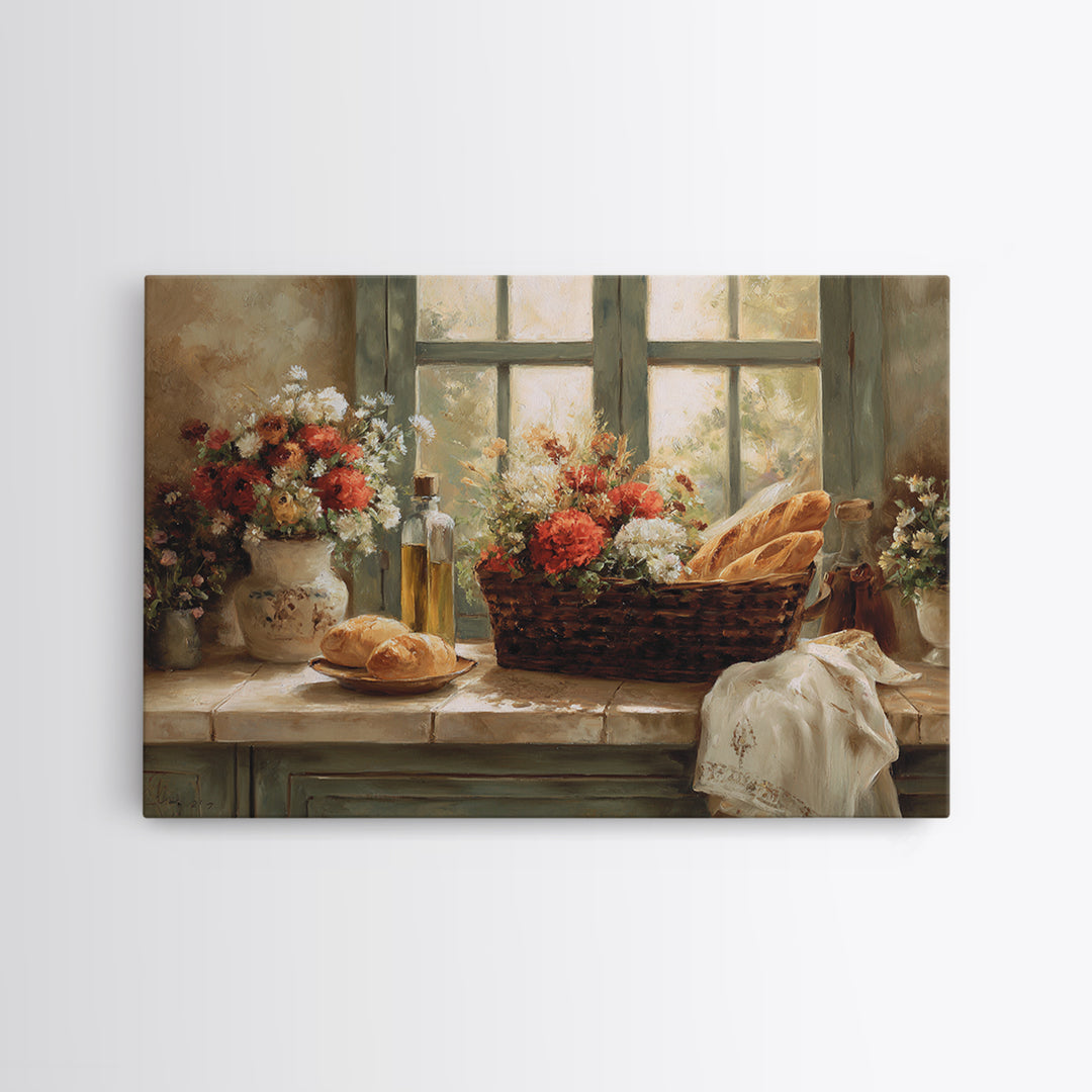 French Market Basket Filled Framed Canvas Print, Bakery Art, Kitchen Art Print, Bakery Decor, Patisserie, Modern Decor, BAK-3x2-46