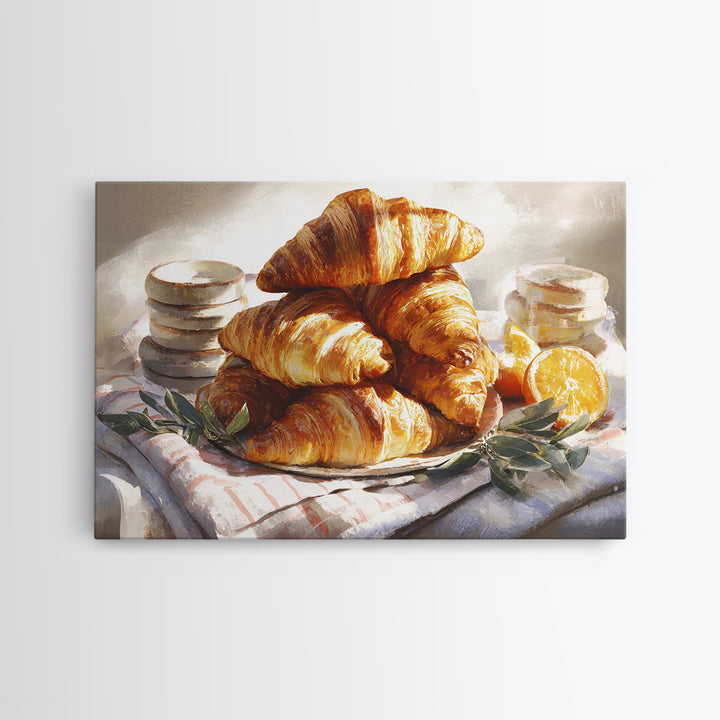 Buttery Croissants Stacked on Striped Linen Framed Canvas Print, Bakery Art, Fine Art, Bakery Decor, Patisserie, BAK-3x2-5