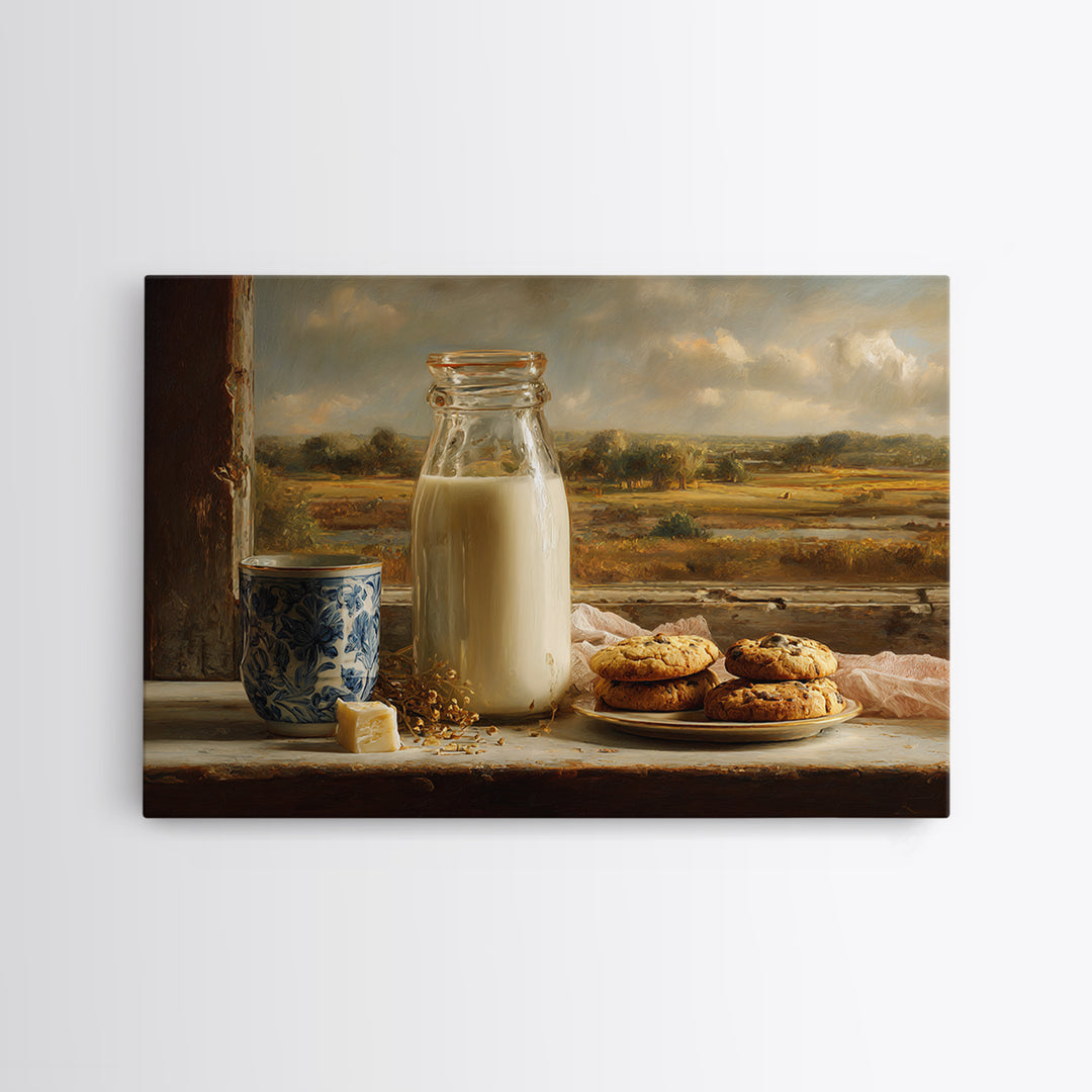 Milk Bottle and Cookies Nostalgic Still Life Framed Canvas Print, Bakery Art, Watercolor Print, Bakery Decor, Oil Painting, BAK-3x2-50