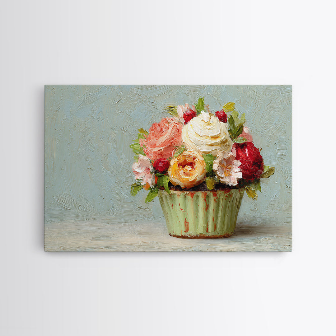 Cupcake Bouquet Painted Framed Canvas Print, Bakery Art, Kitchen Wall Art, Bakery Decor, Oil Painting, Patisserie, BAK-3x2-59