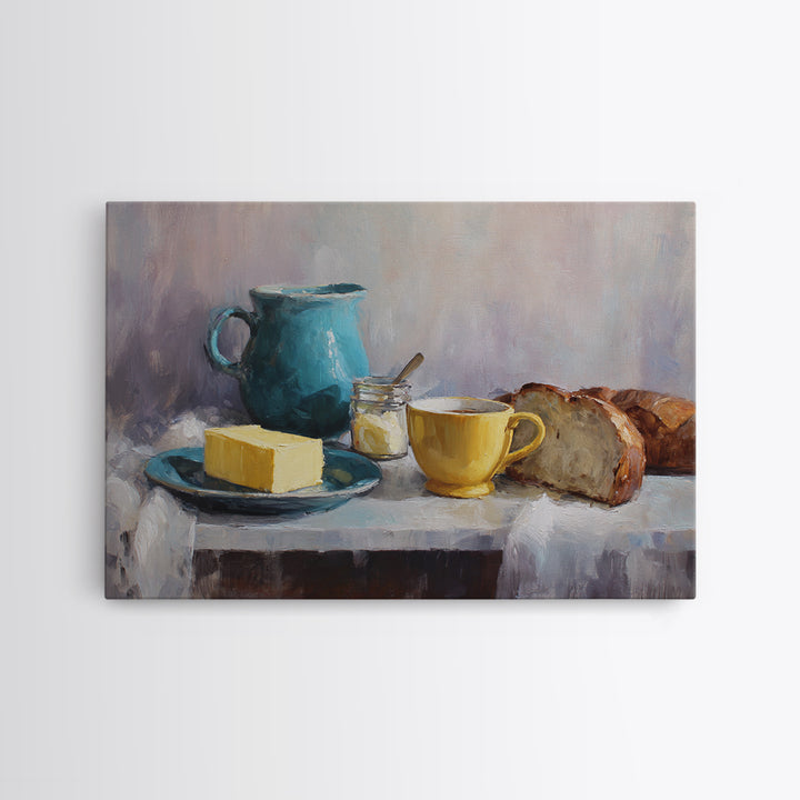 Baguette and Butter Still Life on Marble Framed Canvas Print, Bakery Art, Textured Painting, Bakery Decor, Fine Art, Patisserie, BAK-3x2-60