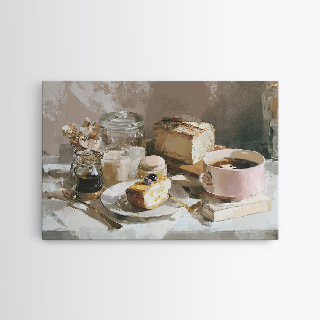 Painterly Eclair and Coffee Still Life Framed Canvas Print, Bakery Art, Bakery Decor, Abstract Art, Patisserie, BAK-3x2-64