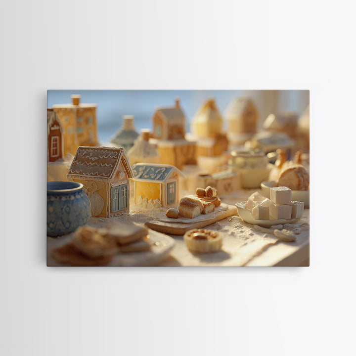 Gingerbread Houses in Charming Folk Art Style Canvas Print, Bakery Art, Digital Download Art, Bakery Decor, Patisserie, BAK-3x2-66