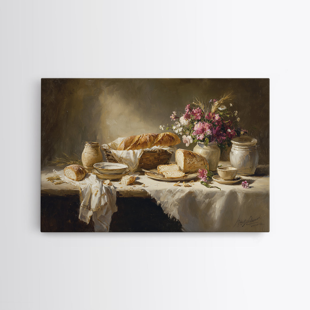 French Market Basket Filled Framed Canvas Print, Bakery Art, Kitchen Art Print, Bakery Decor, Patisserie, Modern Decor, BAK-3x2-70