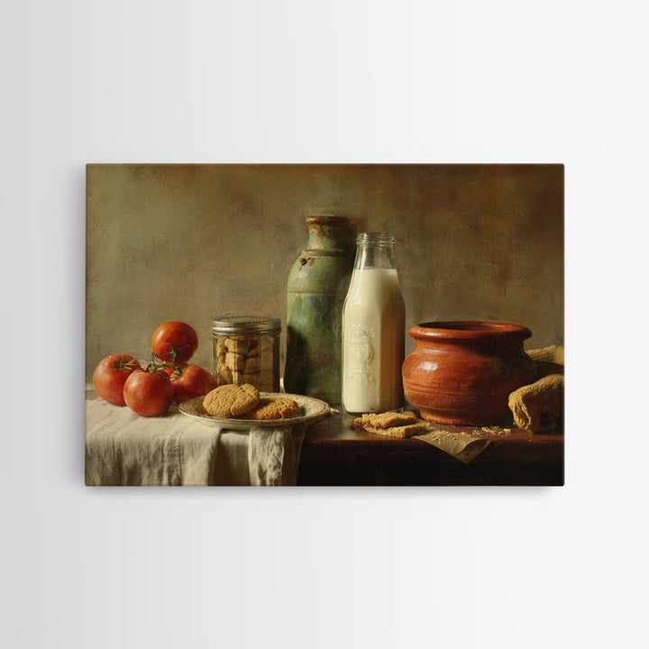 Milk Bottle and Cookies Nostalgic Still Life Framed Canvas Print, Bakery Art, Watercolor Print, Bakery Decor, Oil Painting, BAK-3x2-74