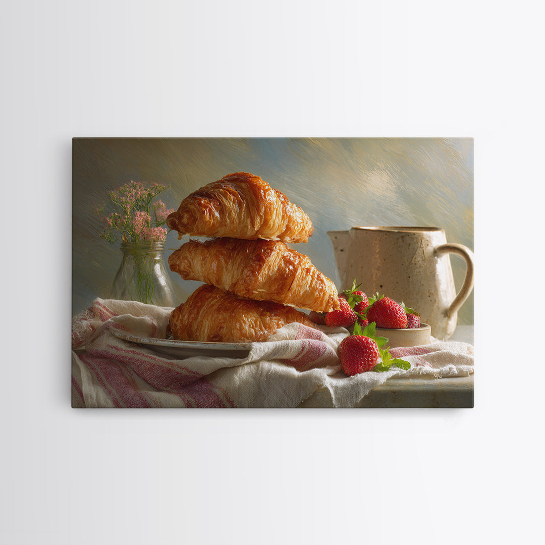 Buttery Croissants Stacked on Striped Linen Framed Canvas Print, Bakery Art, Room Decor, Bakery Decor, Abstract Art, Patisserie, BAK-3x2-77
