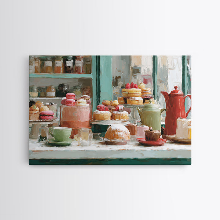 French Patisserie Window Display of Pastel Pastries Framed Canvas Print, Bakery Art, Kids Art, Bakery Decor, Patisserie, BAK-3x2-78