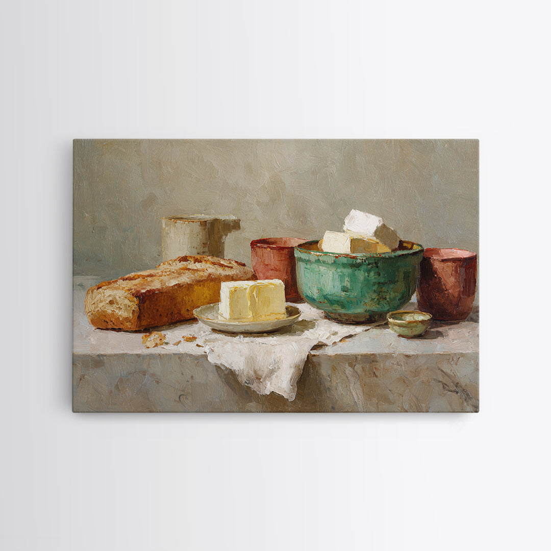 Baguette and Butter Still Life on Marble Canvas Print, Bakery Art, Wall Decor, Bakery Decor, Patisserie, Kitchen Prints, BAK-3x2-84