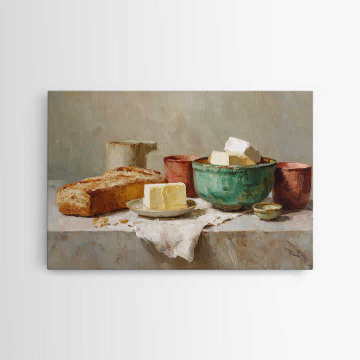 Baguette and Butter Still Life on Marble Canvas Print, Bakery Art, Wall Decor, Bakery Decor, Patisserie, Kitchen Prints, BAK-3x2-84