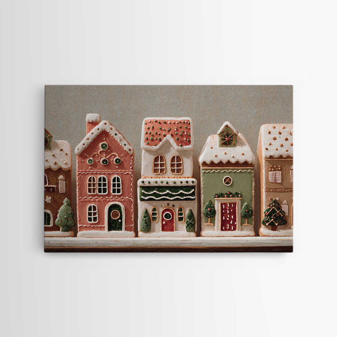 Gingerbread Houses in Charming Folk Art Style Framed Canvas Print, Bakery Art, Whimsical Wall Art, Bakery Decor, Patisserie, BAK-3x2-90