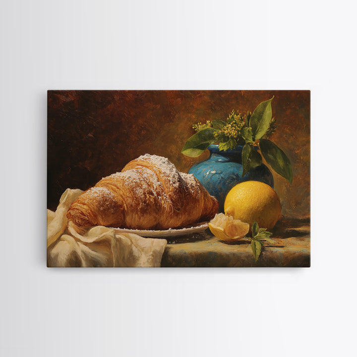 Almond Croissant Closeup Framed Canvas Print, Bakery Art, Kitchen Prints, Bakery Decor, Oil Painting, Patisserie, Fine Art, BAK-3x2-91