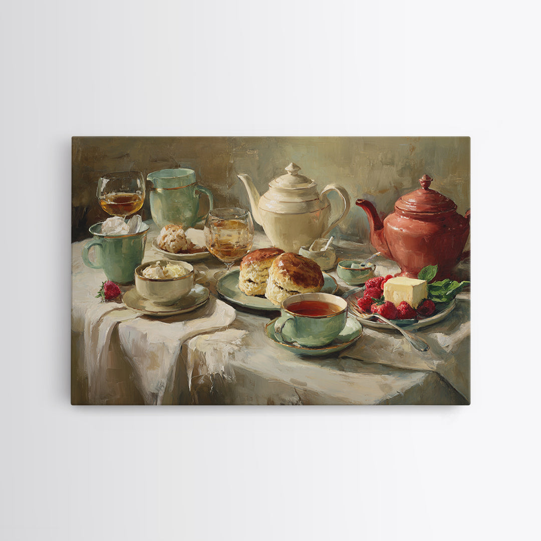 Tea and Scone Arrangement Framed Canvas Print, Bakery Art, Printable Wall Art, Bakery Decor, Patisserie, Coffee Wall Art, BAK-3x2-96