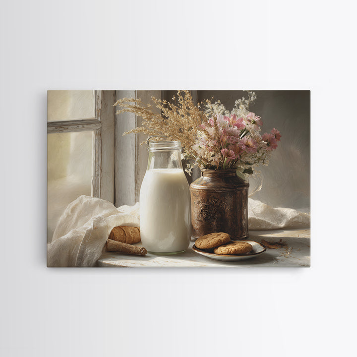 Milk Bottle and Cookies Nostalgic Still Life Canvas Print, Bakery Art, Fine Art, Bakery Decor, Patisserie, Textured Painting, BAK-3x2-98