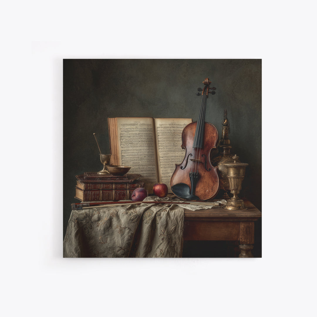Baroque Violin and Sheet Music Still Life Framed Canvas Print, Baroque Art, Digital Wall Art, Living Room Decor, Ornate, BAO-1x1-11