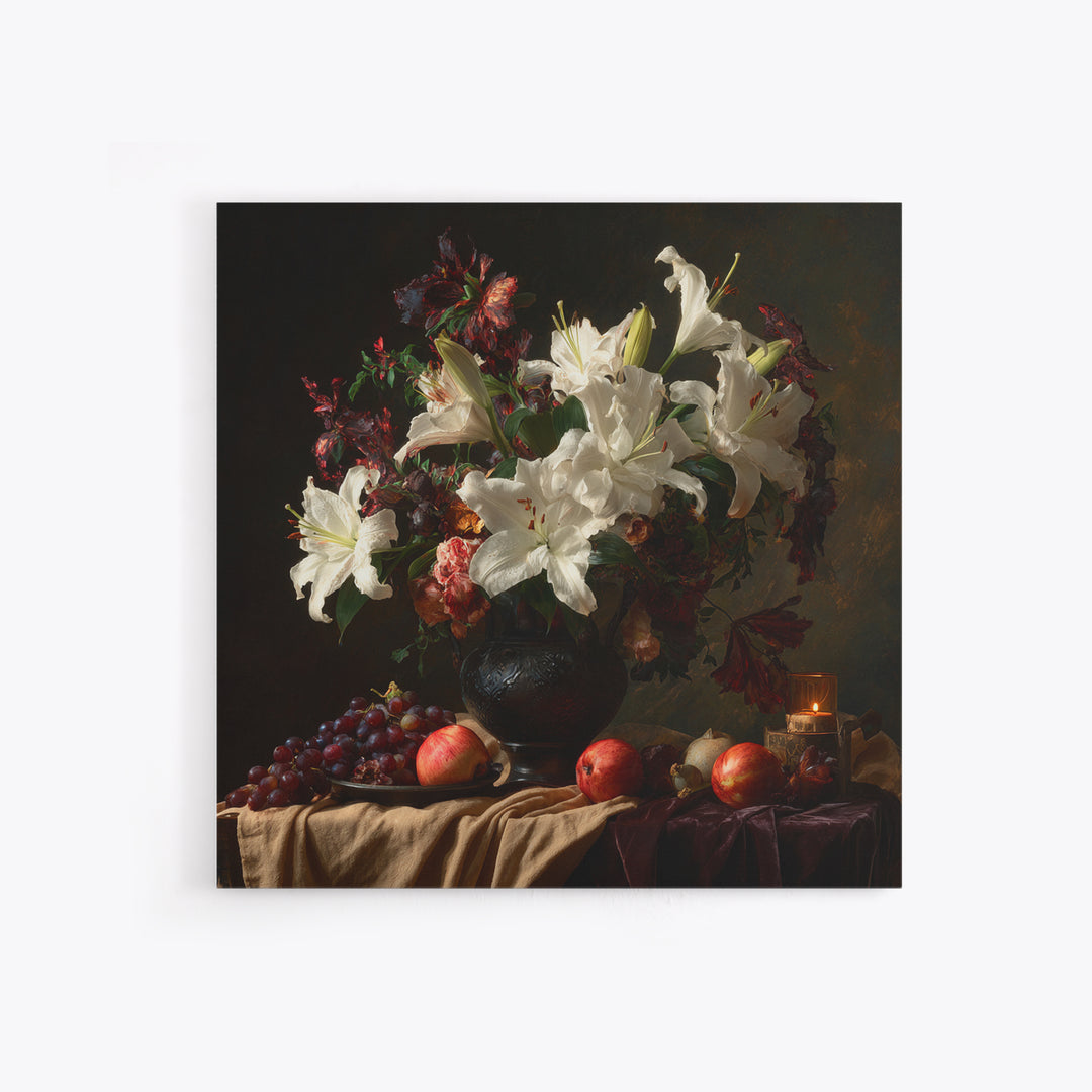 Dramatic White Lilies Framed Canvas Print, Baroque Art, Painting, Living Room Decor, Fine Art, Ornate, Living Room Wall Art, BAO-1x1-12