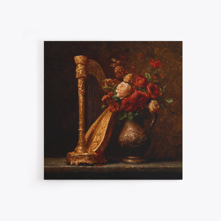 Golden Harp and Roses Canvas Print, Baroque Art, Printable Art, Living Room Decor, Ornate, Gallery Wall, Dark Academia Art, BAO-1x1-18