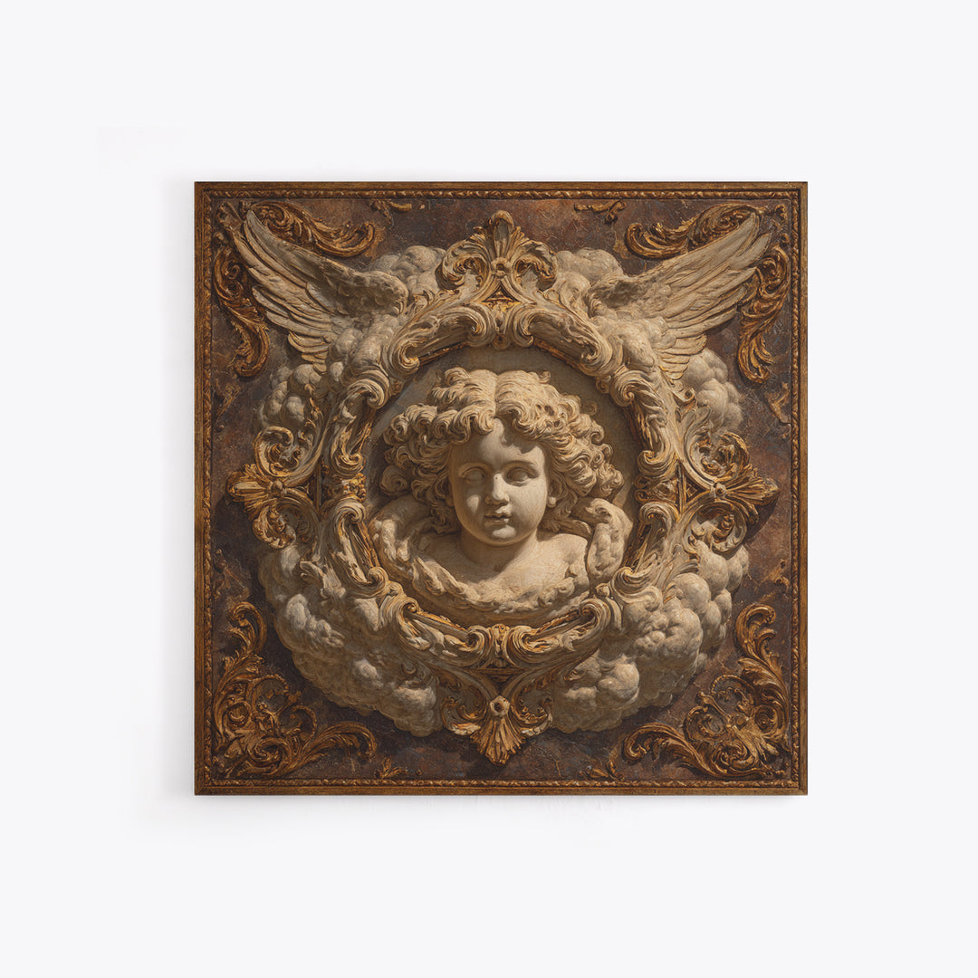 Ornate Cherub Figure Surrounded by Clouds and Framed Canvas Print, Baroque Art, Whimsical Decor, Living Room Decor, Ornate, BAO-1x1-2